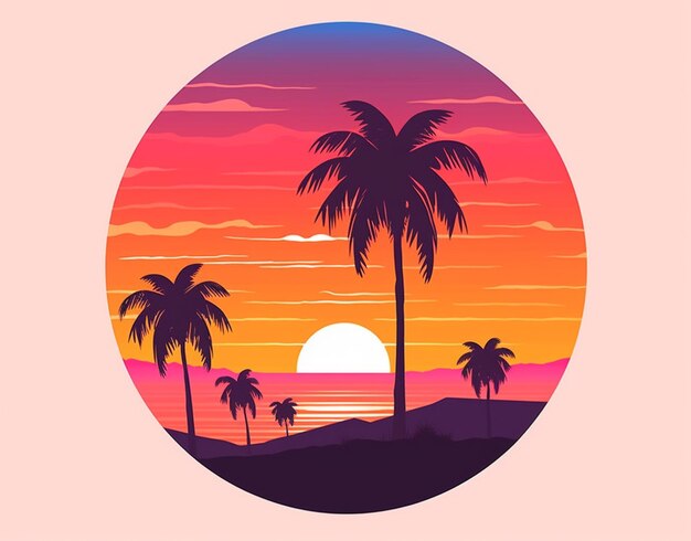 un primer plano de una puesta de sol con palmeras y un banco generativo ai