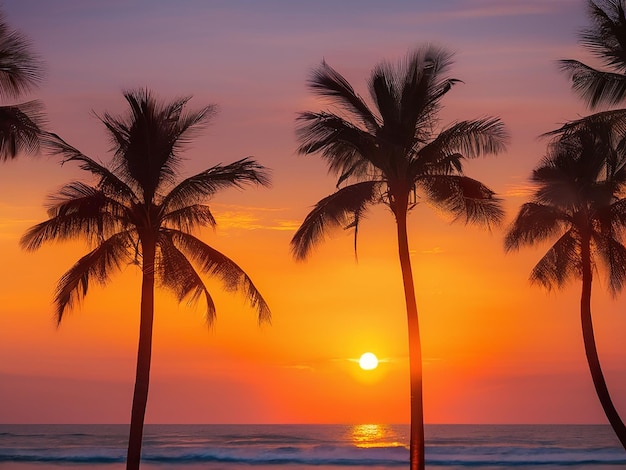 Un primer plano de una puesta de sol con palmeras y olas