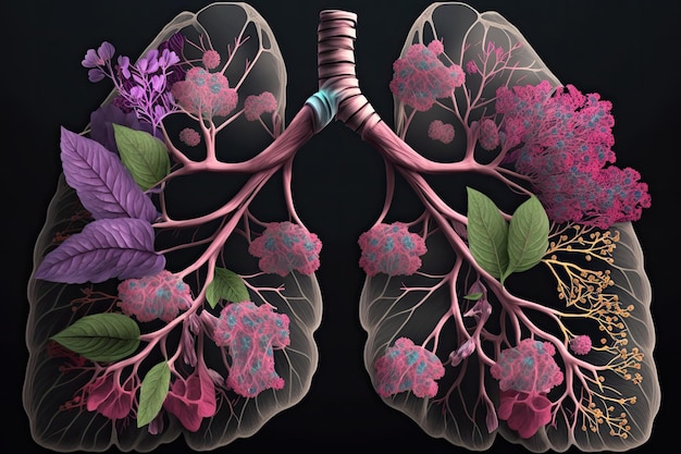 Primer plano de pulmones hechos de flores rosadas y moradas con pétalos delicados