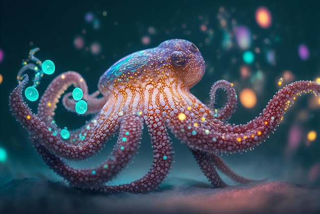 Primer plano de pulpo transparente brillante mágico en colores ricos de cerca