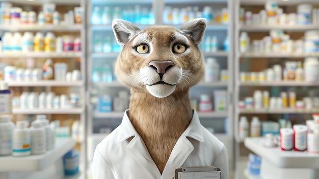 Foto un primer plano de un puma con una bata de laboratorio y un cordón con un clipboard alrededor de su cuello