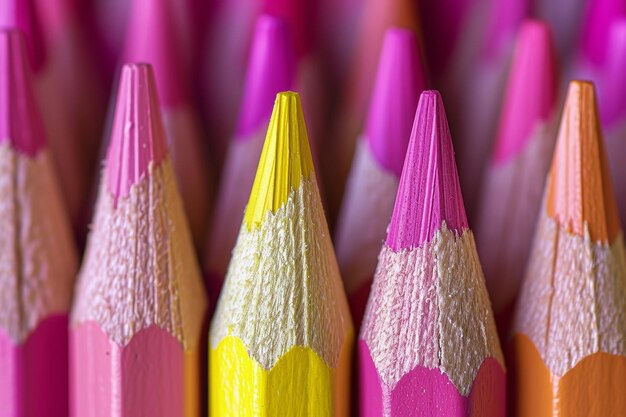 Primer plano de las puntas afiladas de varios lápices de color rosa y amarillo