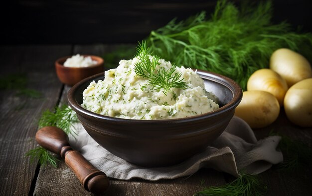 Foto primer plano de puré de patatas casero en un cuenco rústico con eneldo y ajo comida tradicional de acción de gracias