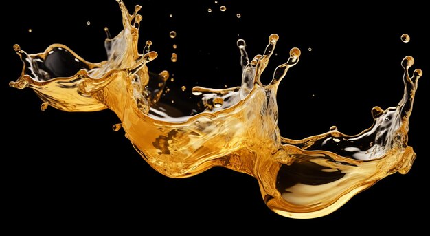 Un primer plano que captura el momento de una salpicadura de aceite dorado creando un visualmente sorprendente