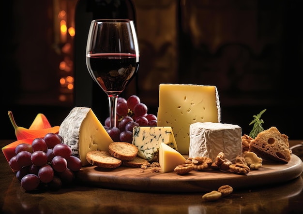 Un primer plano que destaca los intrincados detalles del queso y la copa de vino.