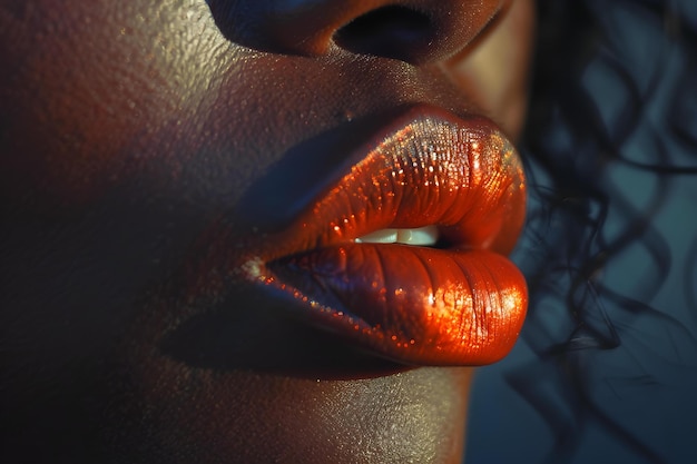 Un primer plano que destaca los lujosos labios brillantes de una mujer afroamericana cautivadora Concept Beauty Closeup Lips African American Captivating
