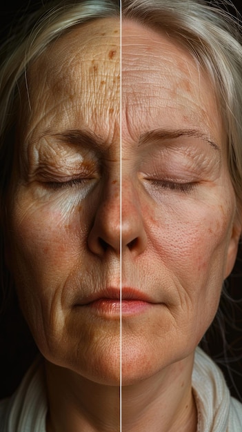 Foto primer plano que muestra una comparación lateral de la cara de una mujer que representa el envejecimiento con un lado visible