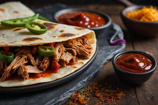 Un primer plano de una quesadilla de cerdo tirado