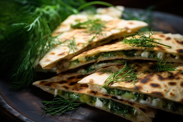 Un primer plano de una quesadilla que está adornada con