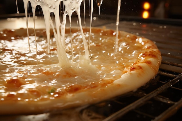 Un primer plano de queso derretido burbujeando en una pizza en el horno