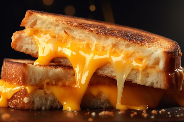 Primer plano de queso derretido en una prensa de panini caliente para un sándwich de queso