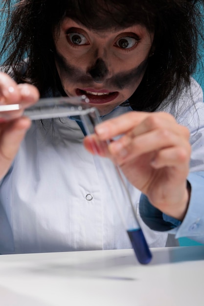 Primer plano de un químico loco torpe que mezcla sustancias químicas para crear una nueva fórmula mediante el uso de compuestos desconocidos. Científico loco de aspecto divertido que experimenta con fluidos tóxicos como resultado de una explosión de laboratorio