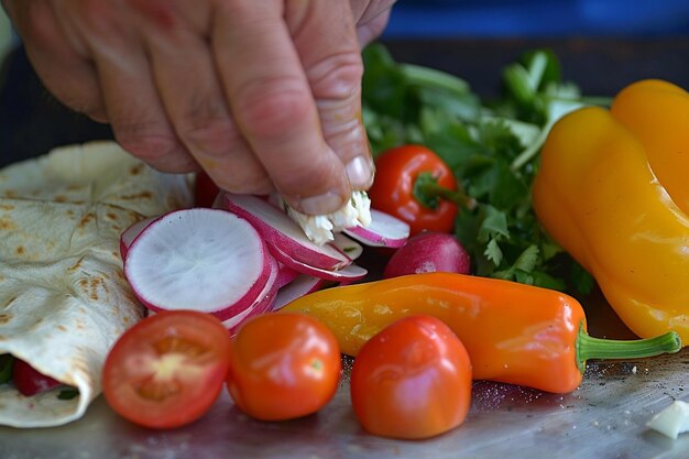 Un primer plano de rábanos cortados que se añaden a un burrito