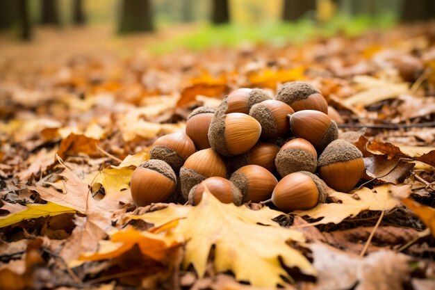 Un primer plano de un racimo de bellotas en el suelo del bosque