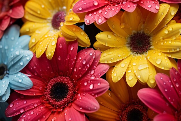 Un primer plano de un racimo de flores de colores brillantes con gotas de agua en Calgary Vibrant Floral Photogr