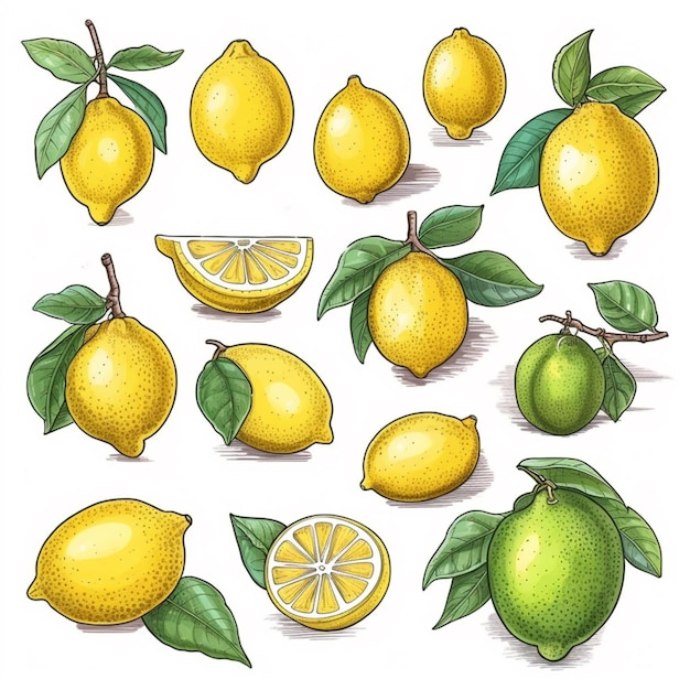Foto un primer plano de un racimo de limones con hojas y rodajas ai generativo