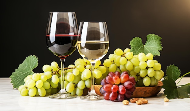 Primer plano de un racimo de uvas y copas de vino generadas por IA