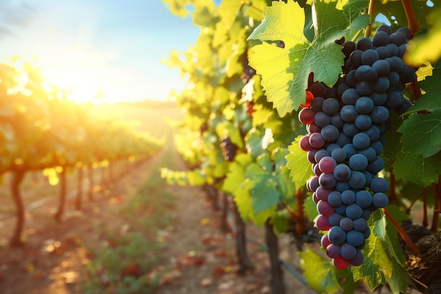 Un primer plano de un racimo de uvas rojas maduras en un viñedo al atardecer