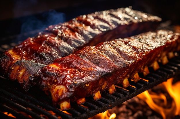 un primer plano de un rack de costillas en una parrilla