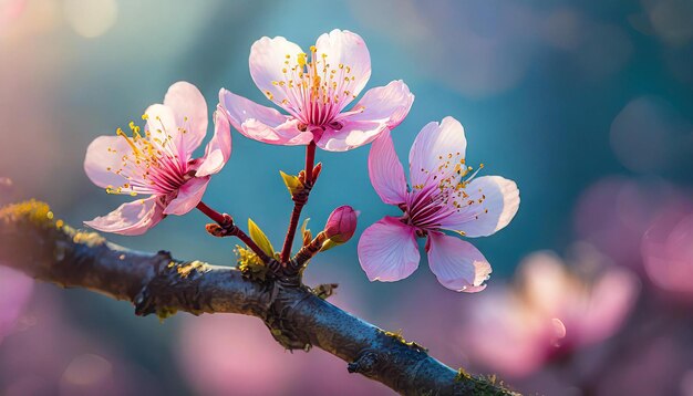 Un primer plano de una rama de árbol con flores rosadas un telón de fondo azul borroso hermosas flores temporada de primavera