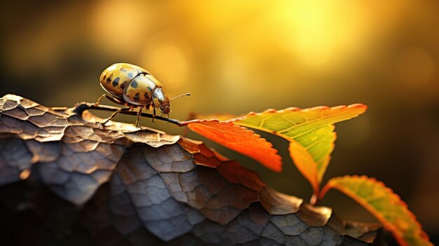 Foto un primer plano de una rama de un árbol y un insecto dorado