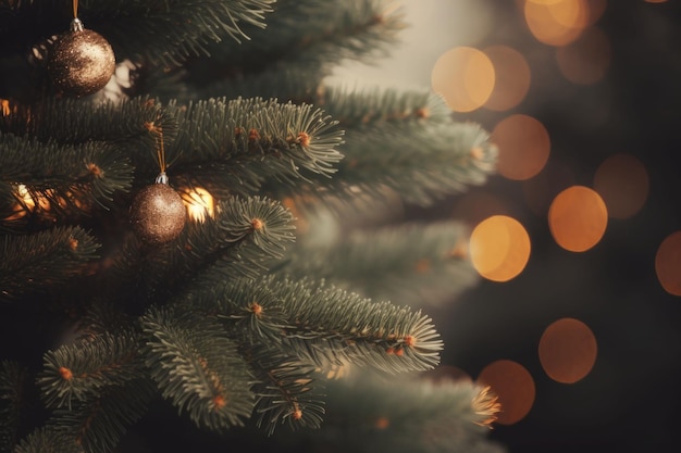 Primer plano de una rama de árbol de Navidad Decoraciones de iluminación navideña borrosas en el fondo Ilustración generada por AI