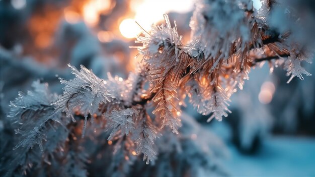 Primer plano de rama de árbol de Navidad sobre un fondo de nieve