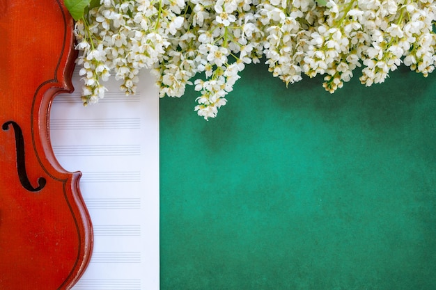 Primer plano de la rama de la cereza de pájaro floreciente y el viejo violín con arco fiddlestick sobre fondo verde con papel de música