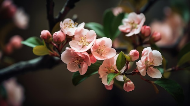 Un primer plano de una rama de un cerezo con flores rosas.