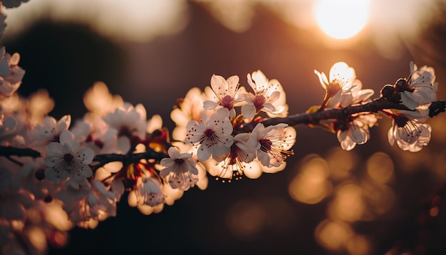 Un primer plano de una rama de flores de albaricoque con el sol brillando a través de las ramas