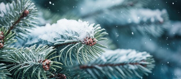 Un primer plano de las ramas de los árboles de hoja perenne decoradas y cubiertas de nieve