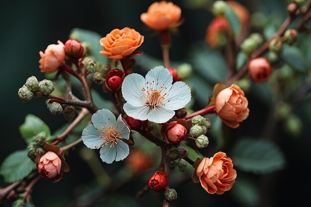 Un primer plano de ramas con flores y hojas