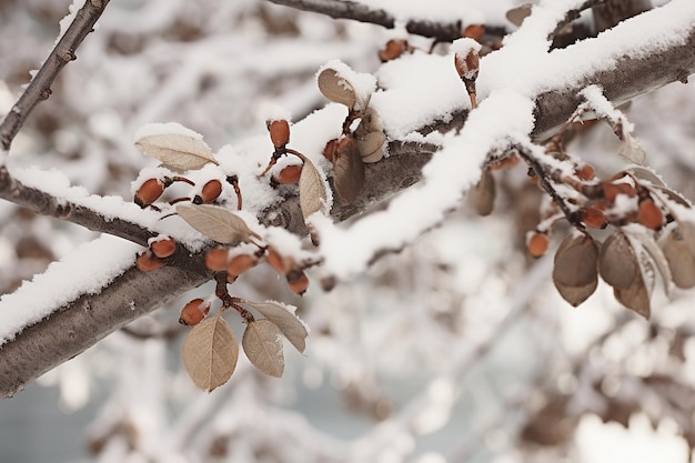 Un primer plano de las ramas de los robles cubiertas de nieve