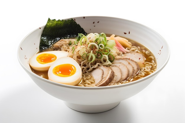 Primer plano de ramen japonés halal con aderezos de carne y huevo IA generativa