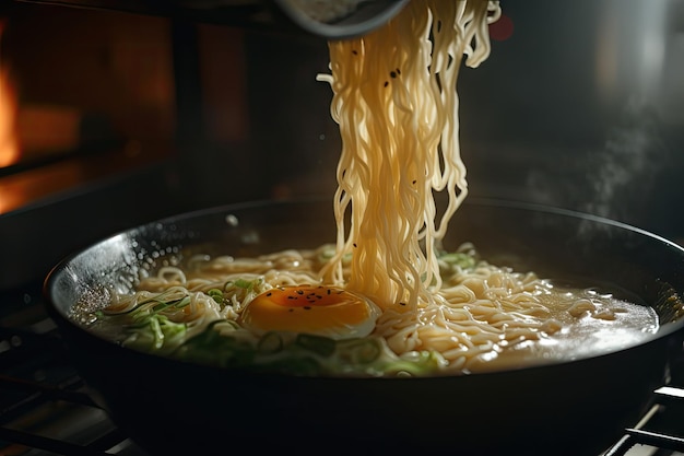 Primer plano de ramen muy caliente con vapor saliendo del caldo y fideos creados con ai generativa