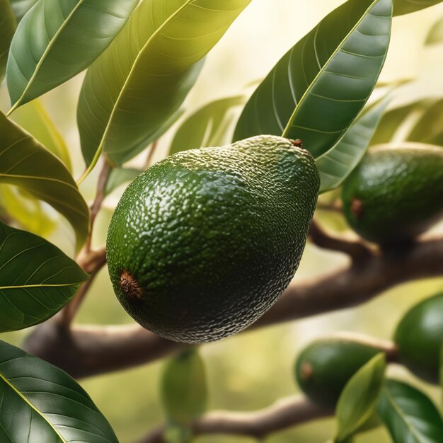 Un primer plano de un ramo de aguacate fresco en el árbol