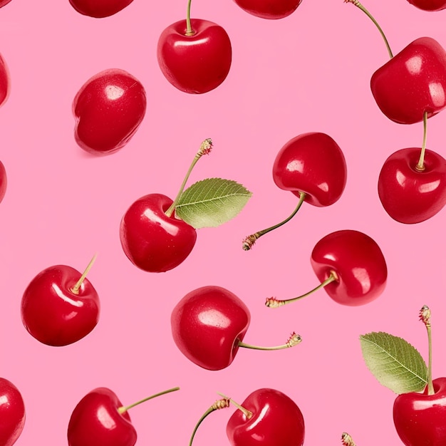 Foto un primer plano de un ramo de cerezas en una superficie rosa generativa ai