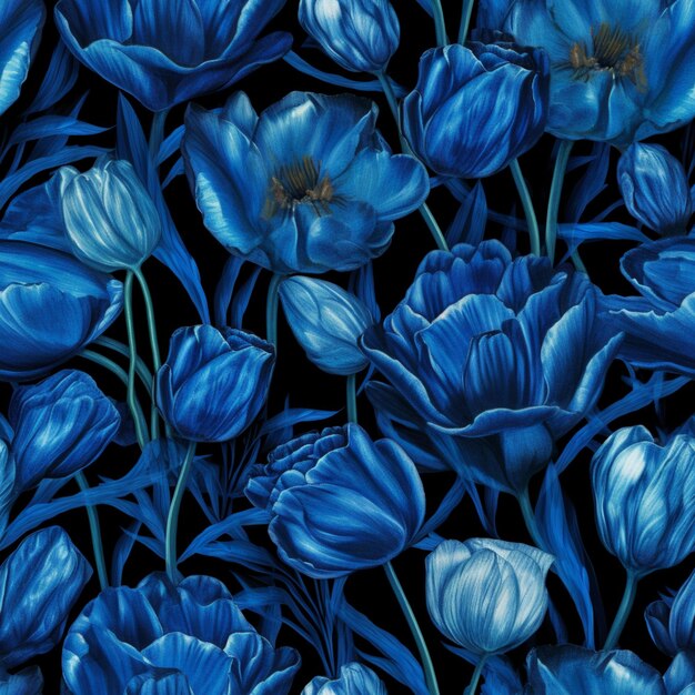 Un primer plano de un ramo de flores azules en un fondo negro generativo ai