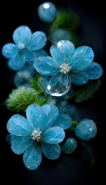 Primer plano de ramo de flores azules con gotas de agua ai generativo