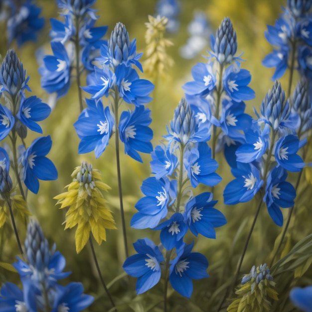 un primer plano de un ramo de flores azules con pétalos amarillos.