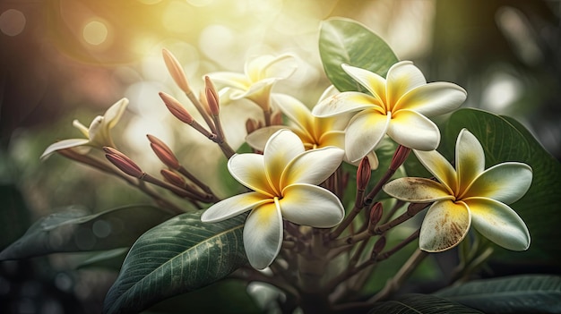 Un primer plano de un ramo de flores blancas con pétalos amarillos y hojas verdes