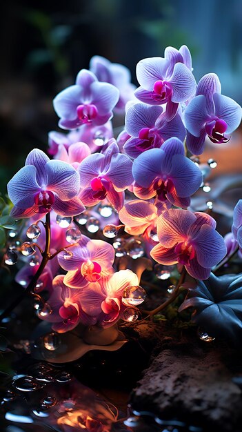 Primer plano de un ramo de flores con gotas de agua en ellas IA generativa