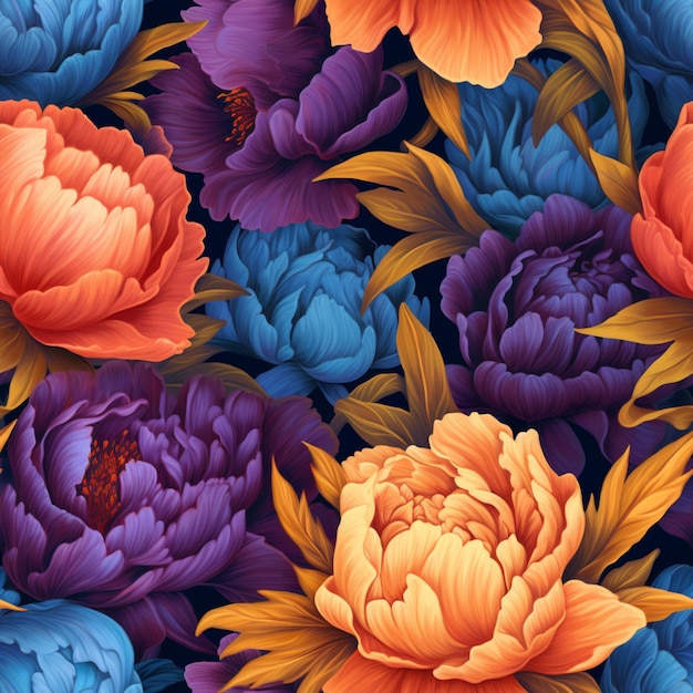 Un primer plano de un ramo de flores con pétalos de naranja y azul ai generativo