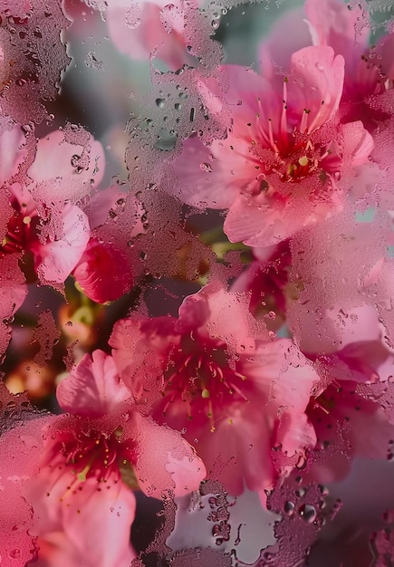 Un primer plano de un ramo de flores rosadas con gotas de agua en ellas La escena es serena y tranquilizadora como las flores