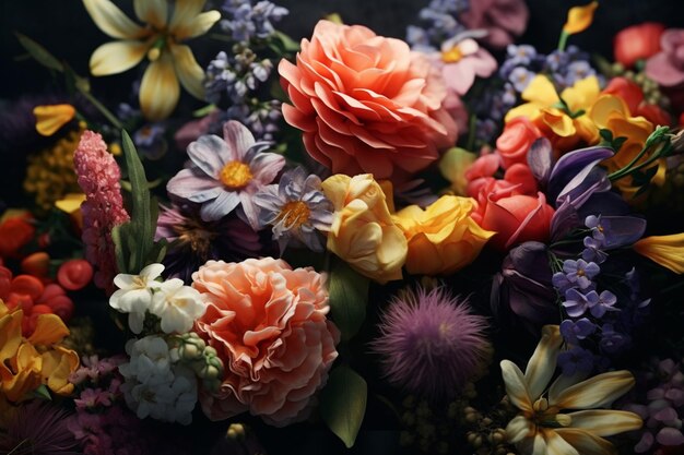 Un primer plano de un ramo de flores sobre un fondo negro que destaca la belleza de la naturaleza