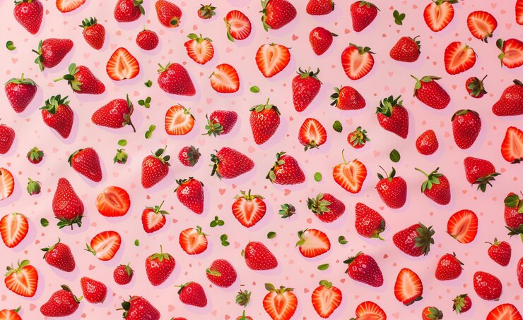 un primer plano de un ramo de fresas en una superficie rosa generativa ai