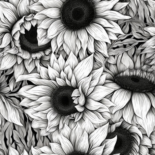 Un primer plano de un ramo de girasoles con flores negras y blancas generativas ai