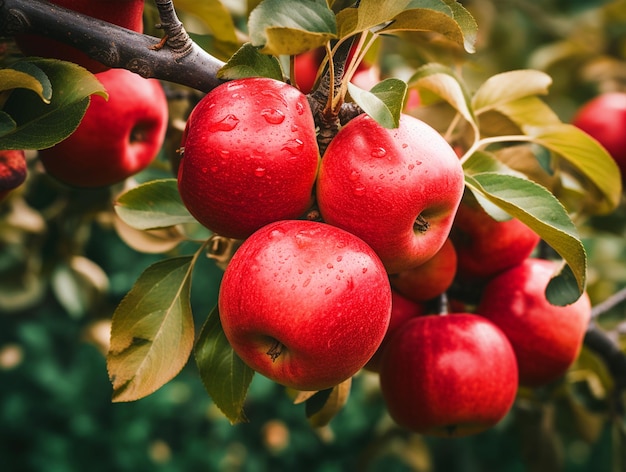 Un primer plano de un ramo de manzanas colgando de un árbol de manzanas