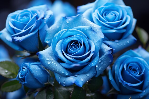 Foto un primer plano de un ramo de rosas azules con gotas de agua generativa ai