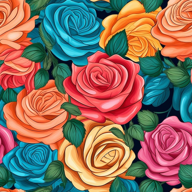 un primer plano de un ramo de rosas coloridas con hojas generativas ai